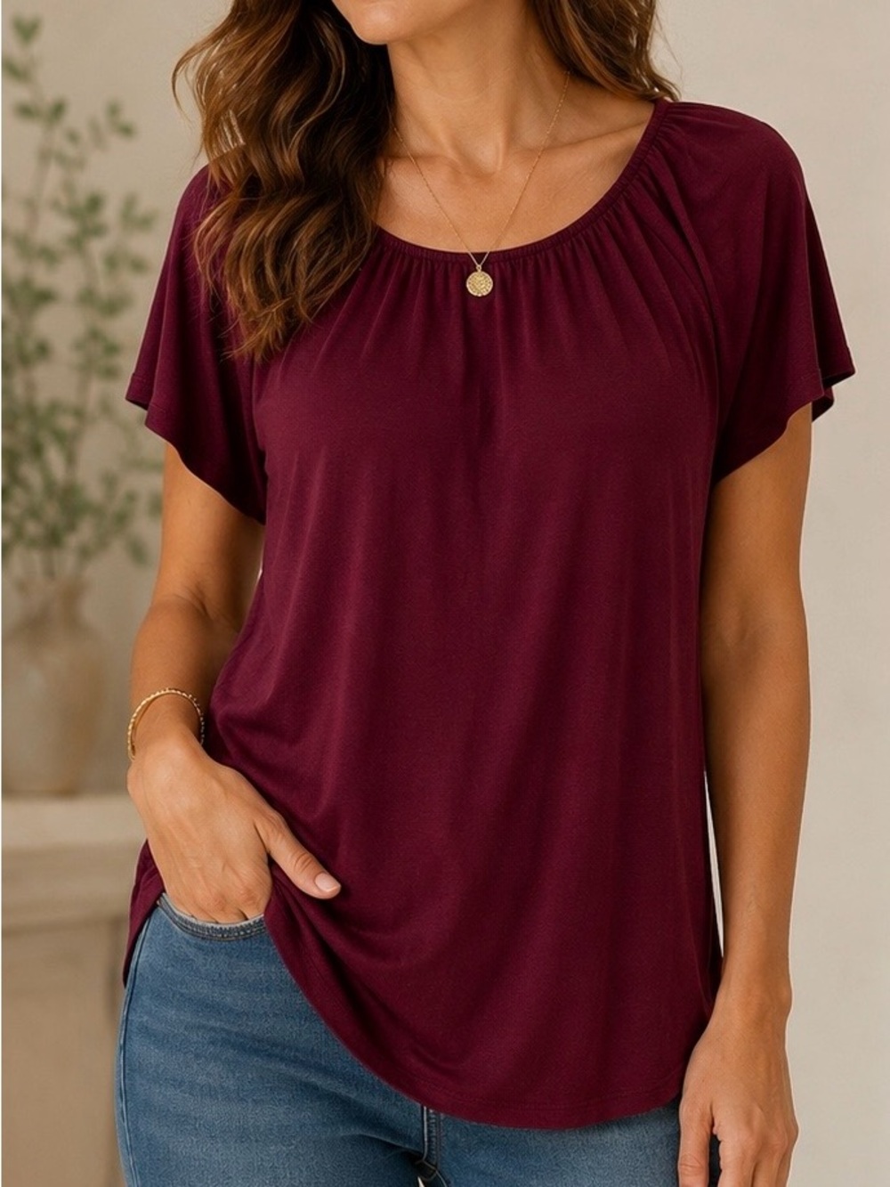 Pixi + Ivy Burgundy Flutter Sleeve Top